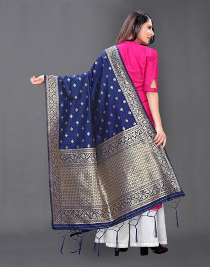 Royal Navy Blue Coloured Poly Silk Jacquard Dupatta | SLV81FD303