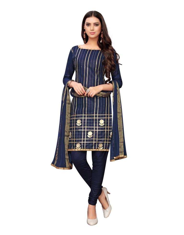 Navy Blue Cotton Embroidered Unstitched Salwar Suit