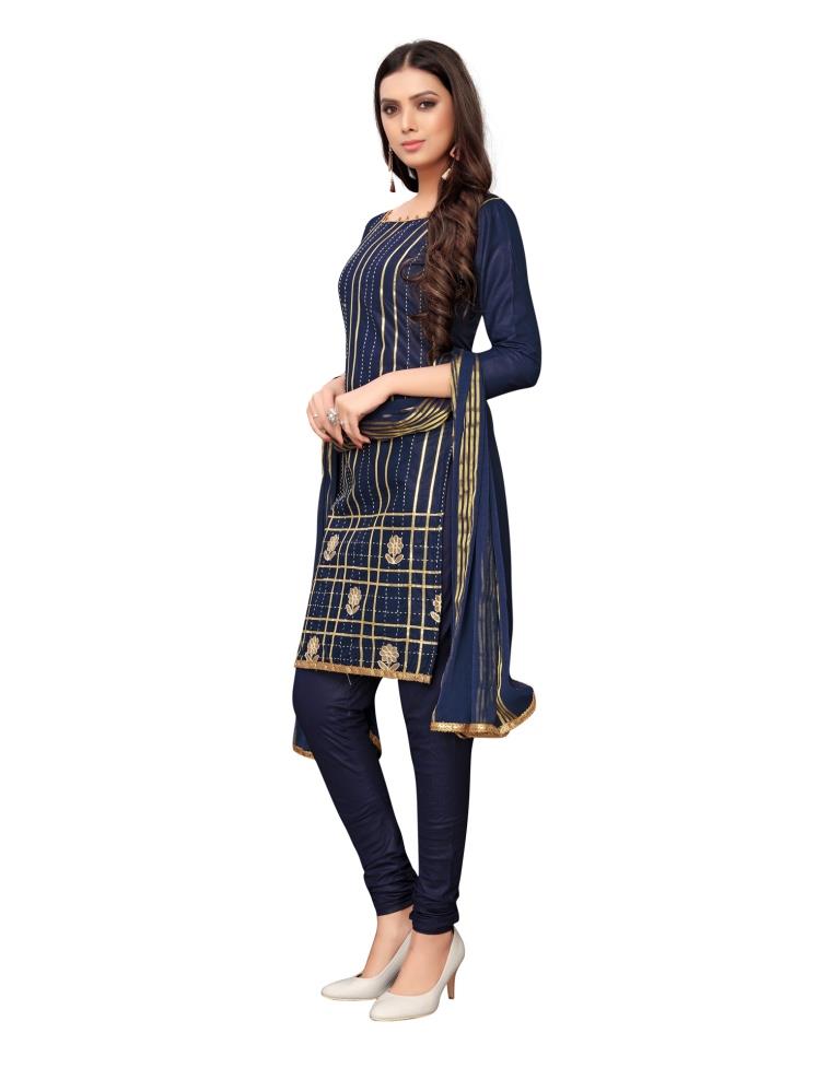 Navy Blue Cotton Embroidered Unstitched Salwar Suit