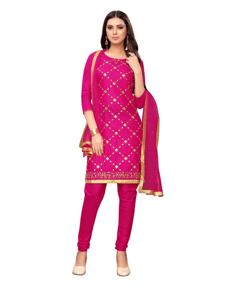 Pink Cotton Embroidered Unstitched Salwar Suit