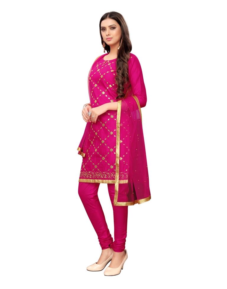 Pink Cotton Embroidered Unstitched Salwar Suit