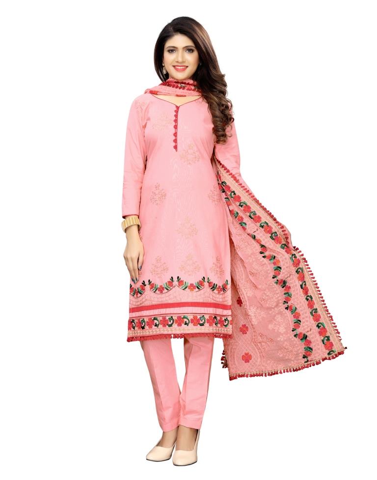 Dark Peach Cotton Unstitched Thread Embroidered Unstitched Salwar Suit