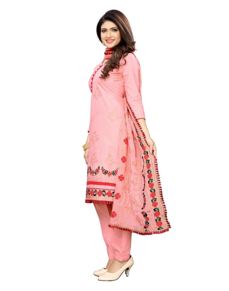 Dark Peach Cotton Unstitched Thread Embroidered Unstitched Salwar Suit