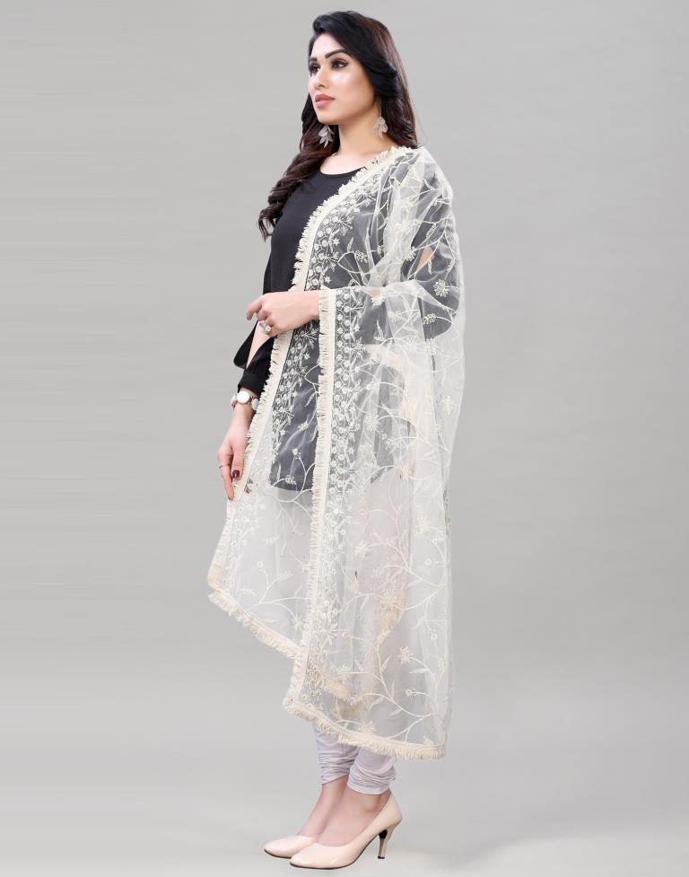 Graceful Off White Coloured Cotton Net Embroidered Dupatta | SLV94FD231