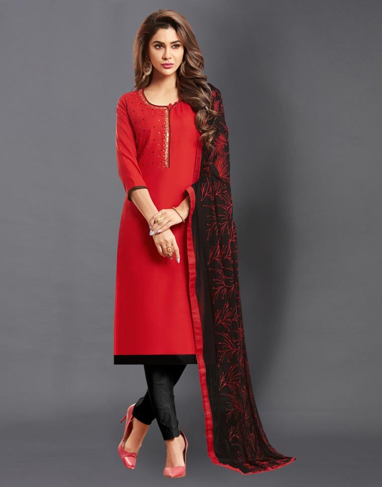 Red  Cotton Embroidered Unstitched Salwar Suit
