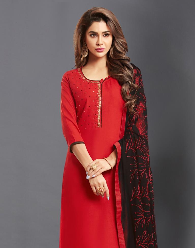 Red  Cotton Embroidered Unstitched Salwar Suit