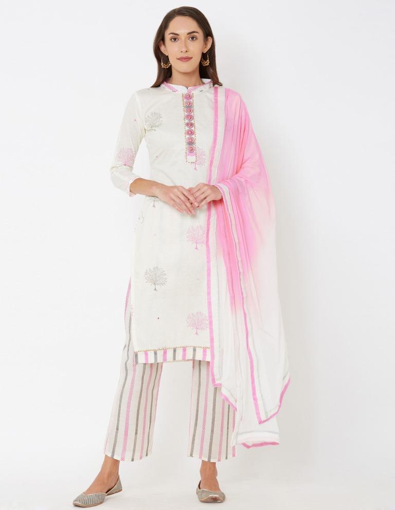 Off White Cotton Embroidered Unstitched Salwar Suit