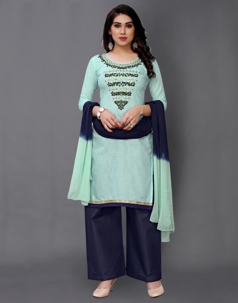Light Turquoise Blue Cotton Embroidered Unstitched Salwar Suit