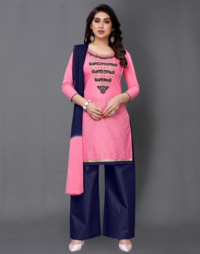 Pink Cotton Embroidered Unstitched Salwar Suit