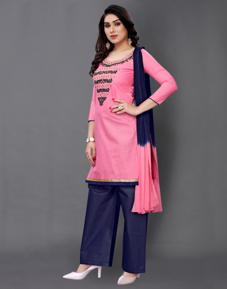 Pink Cotton Embroidered Unstitched Salwar Suit
