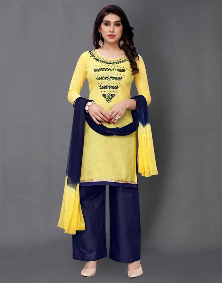 Yellow Cotton Embroidered Unstitched Salwar Suit