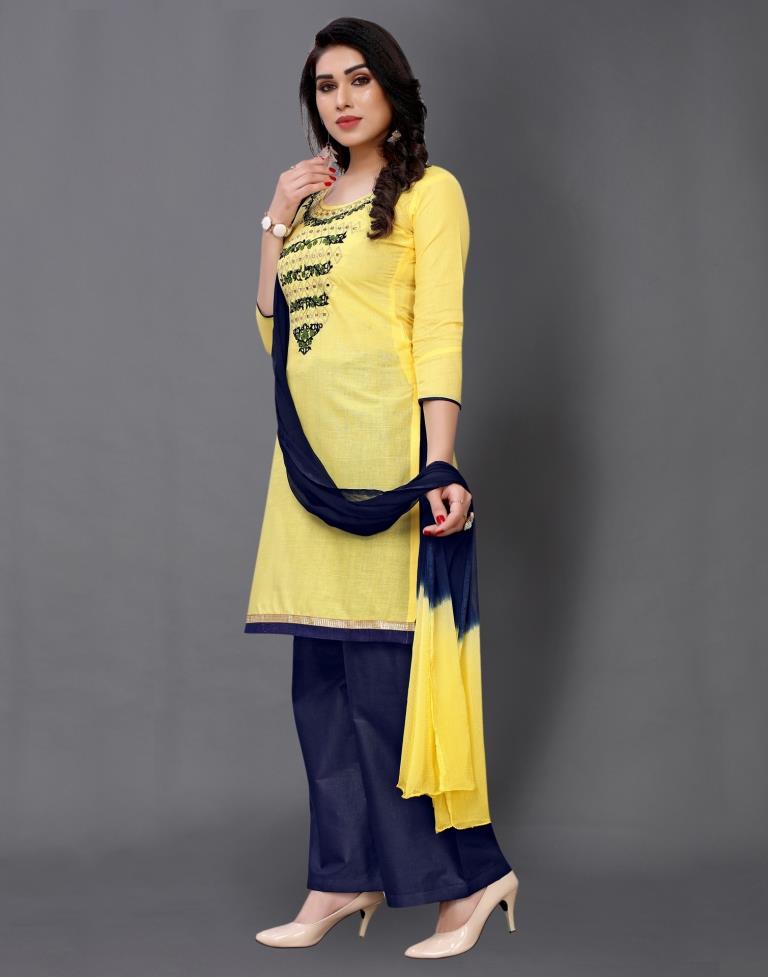 Yellow Cotton Embroidered Unstitched Salwar Suit