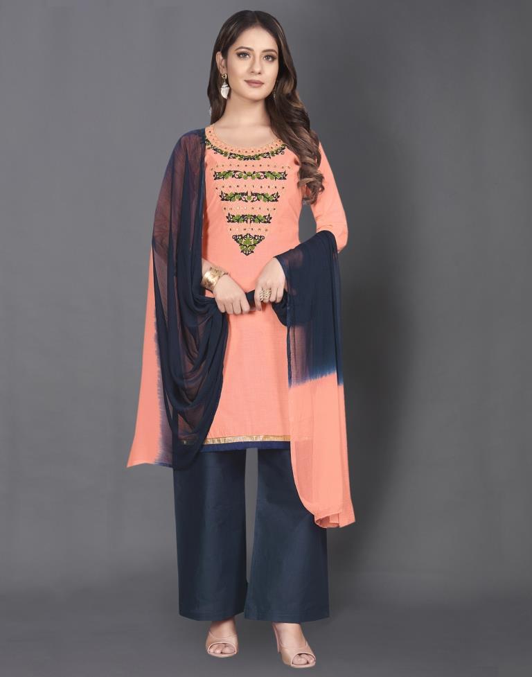 Peach Cotton Embroidered Unstitched Salwar Suit