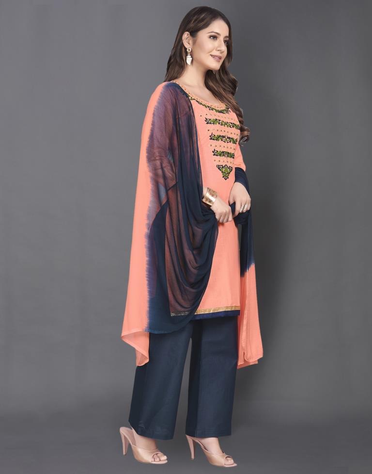 Peach Cotton Embroidered Unstitched Salwar Suit