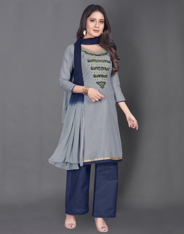 Grey Cotton Embroidered Unstitched Salwar Suit