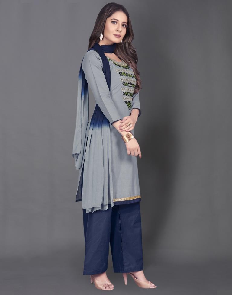 Grey Cotton Embroidered Unstitched Salwar Suit