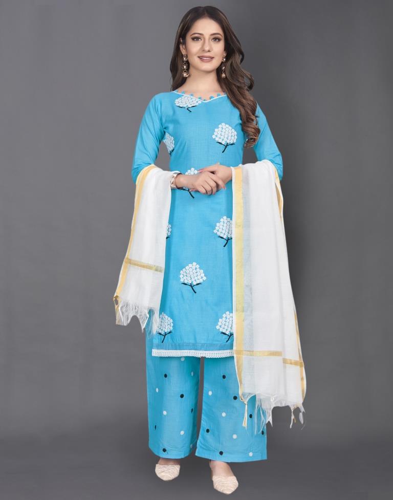 Blue Cotton Embroidered Unstitched Salwar Suit