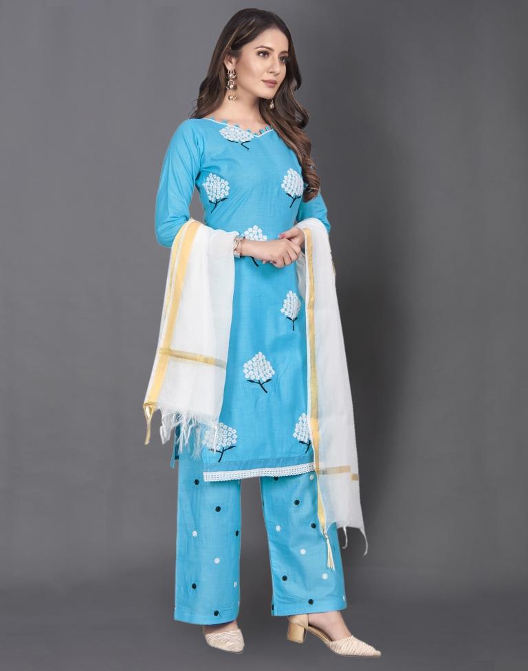 Blue Cotton Embroidered Unstitched Salwar Suit