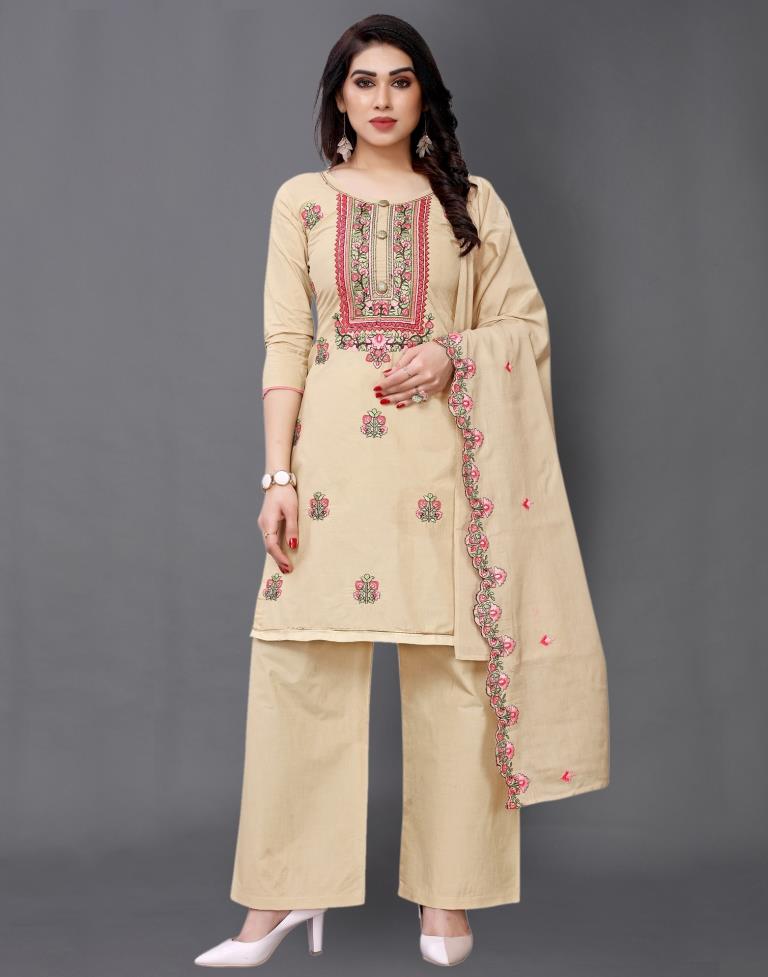 Warm Beige Cotton Embroidered Unstitched Salwar Suit