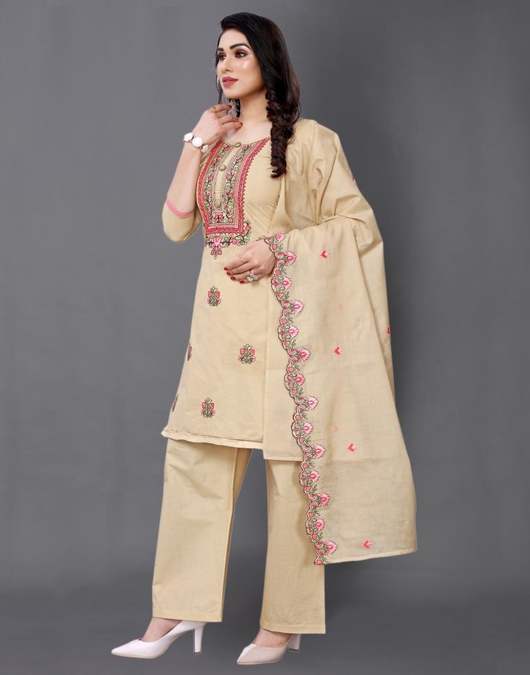 Warm Beige Cotton Embroidered Unstitched Salwar Suit