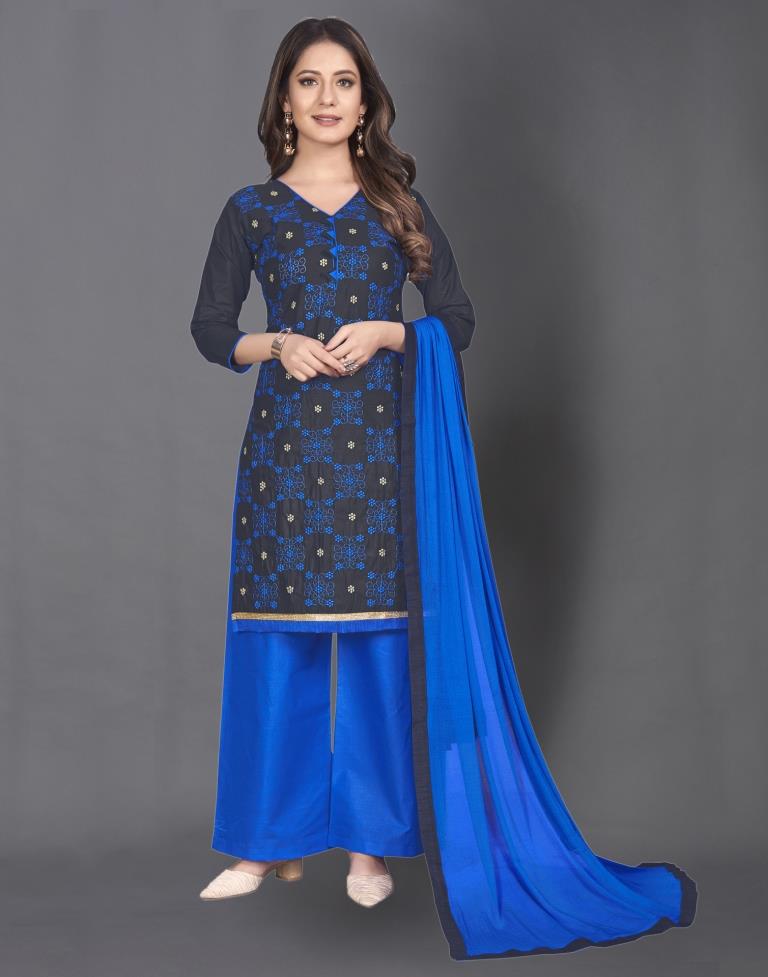 Navy Blue Cotton Embroidered Unstitched Salwar Suit