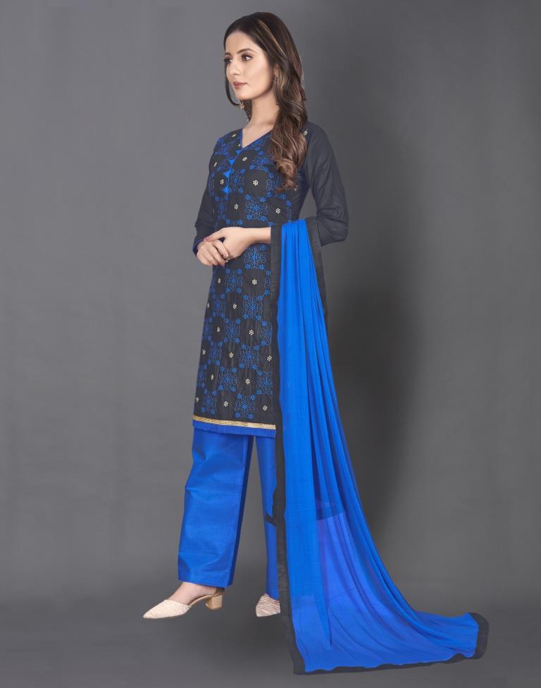 Navy Blue Cotton Embroidered Unstitched Salwar Suit