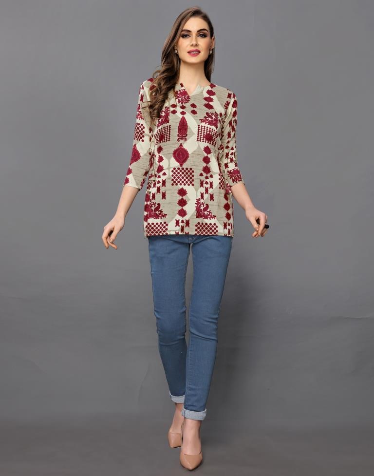 Amiable Beige Coloured Printed Rayon Tops | SLV99TK2422