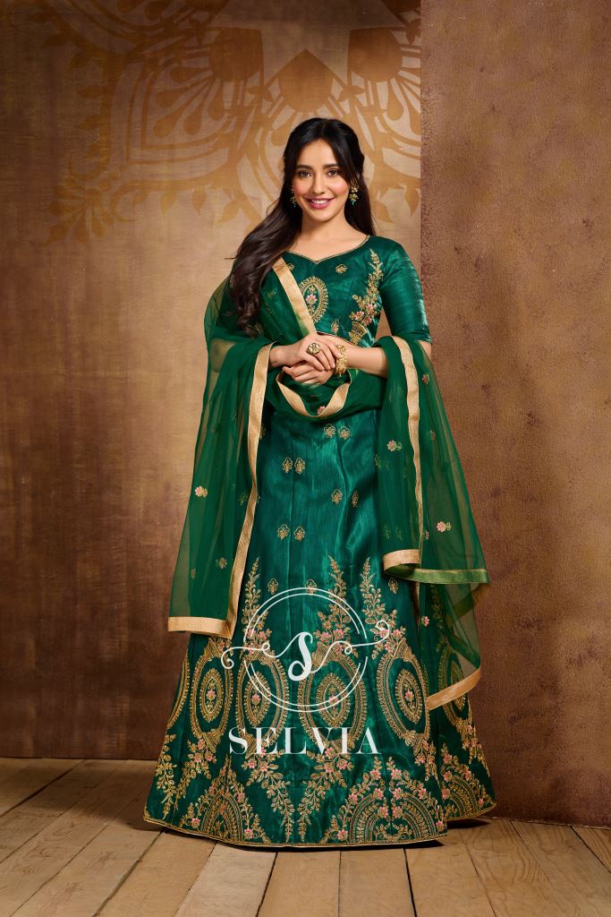 Bottle Green Coloured Poly Silk Embroidered Partywear Lehenga  | SLV125L10495