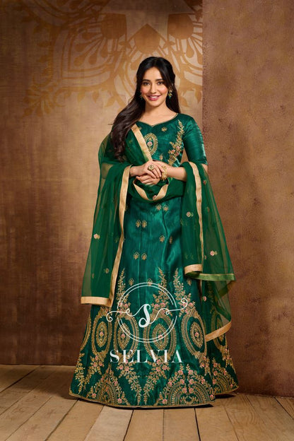 Bottle Green Coloured Poly Silk Embroidered Partywear Lehenga  | SLV125L10495