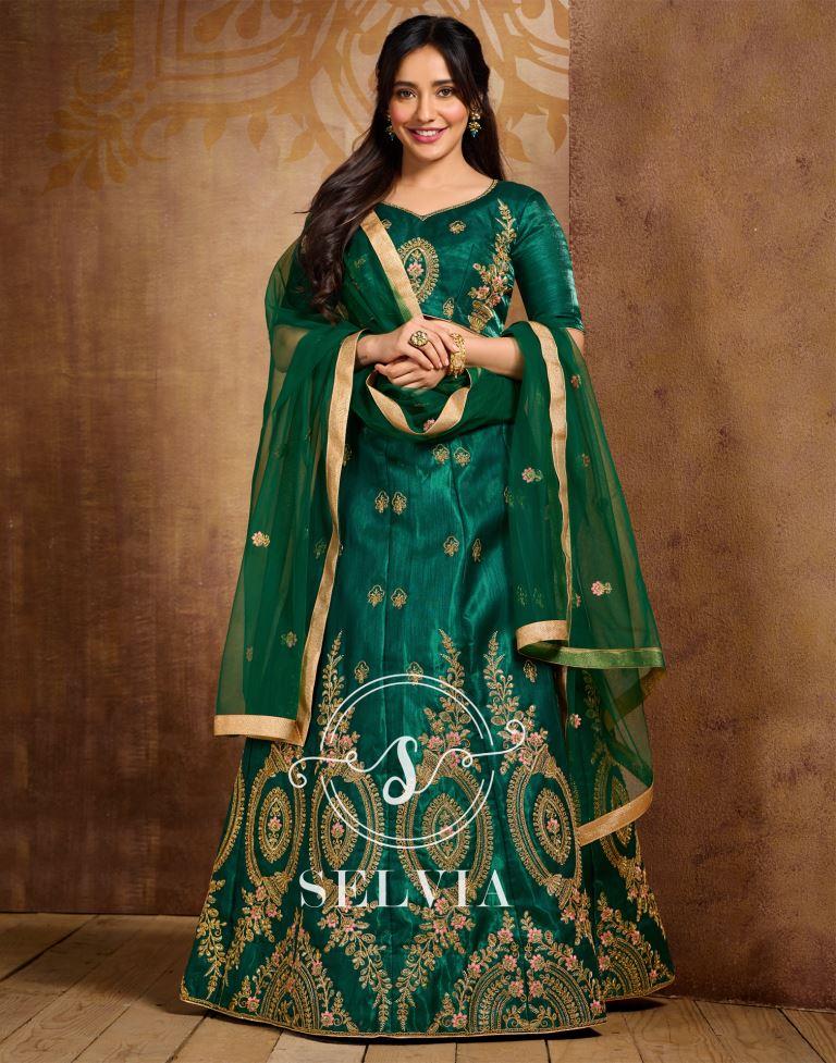 Bottle Green Coloured Poly Silk Embroidered Partywear Lehenga  | SLV125L10495
