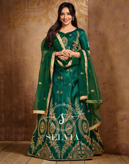 Bottle Green Coloured Poly Silk Embroidered Partywear Lehenga  | SLV125L10495